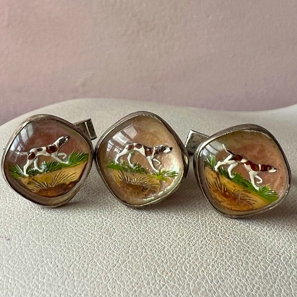 ANTIQUE STERLING SLVR ESSEX GLASS REVERSE CRYSTAL INTAGLIO DOG CUFFLINKS TIE PIN